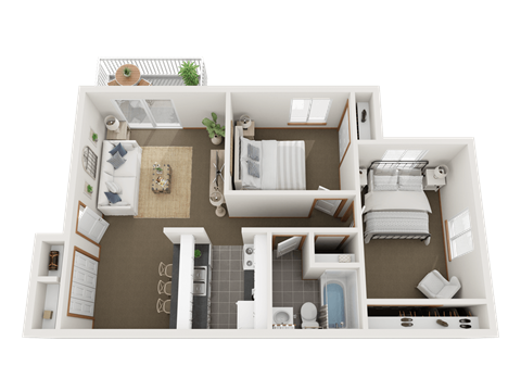 Floor plan for 2 beds, 1 bath, 748 sqft
